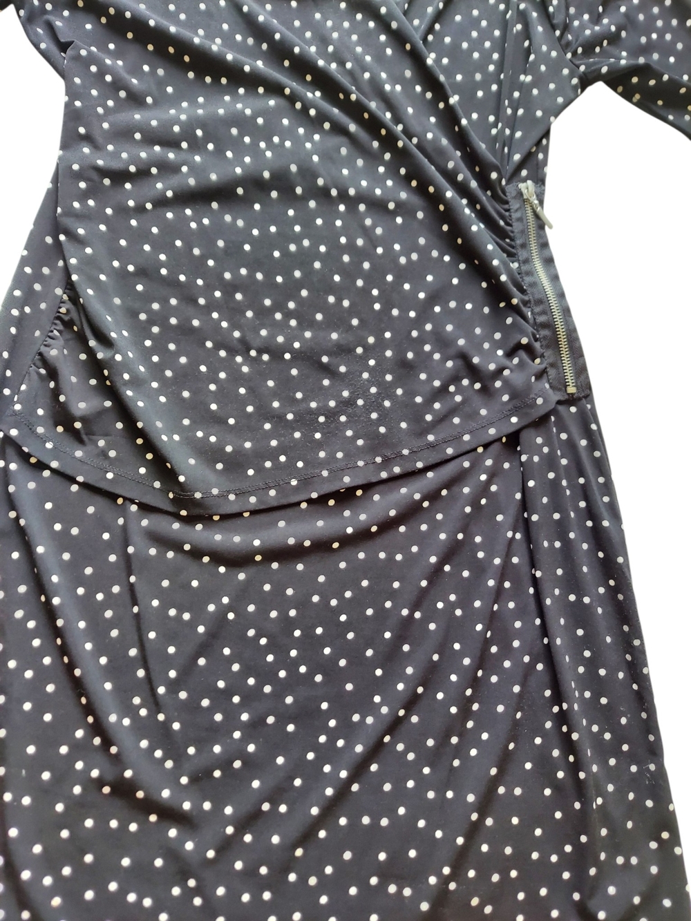 Ellen Tracy Black White Polka Dot Faux Wrap Dress M Side Zip Ruched Stretch - Picture 5 of 15